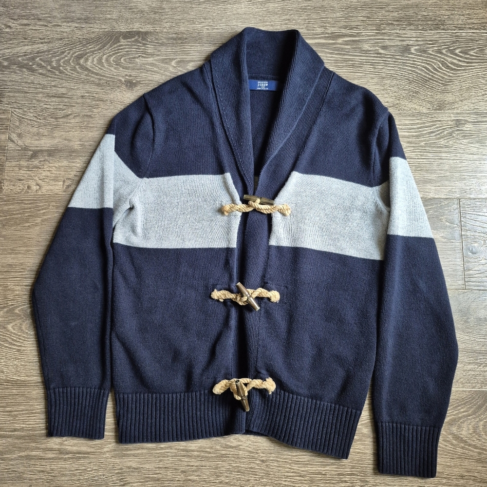 J Crew Navy Gray Cotton Cobain Knit Shawl Collar Cardigan Sweater Small S Toggle